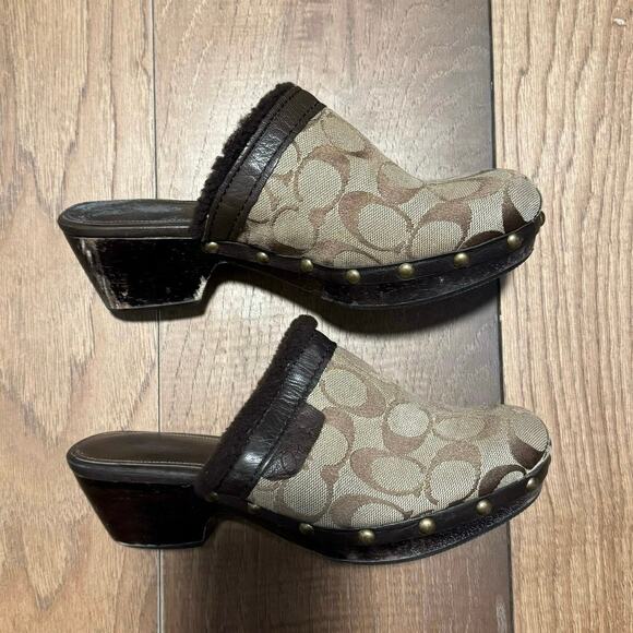 Coach Signature Clog Mules Vintage Shearling Trim Wooden Heel Slides 6.5 - Picture 2 of 7